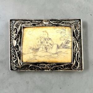 Chinese Export Miniature Brooch Bone Sterling Silver Filigree Japanese Scene